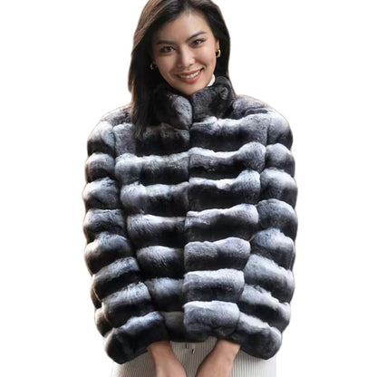New women's Chinchilla striped jacket Real Rex Rabbit fur fur all-in-one fur coat coat length 60cm package mail winter thic