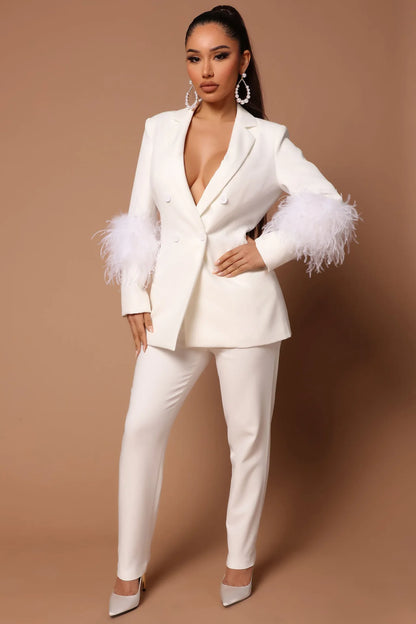 CM.YAYA Vintage Women Fur Hem Long Sleeve Blazer Suit and Pants  Chic OL Fashion Two 2 Piece Set Outfits Basic Tracksuit