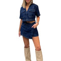 Womens 2 Piece Denim Outfits Summer Short Sleeve Lapel Jean Pullover Tops and Asymmetrical Shorts Set for Streetwear Grunge Y2K
