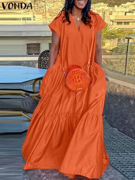 Plus Size VONDA Damen Bohemian Kleid 2025 Sommerkleid Einfarbig Casual Kurzarm Party Rüschenkleid V-Ausschnitt Robe