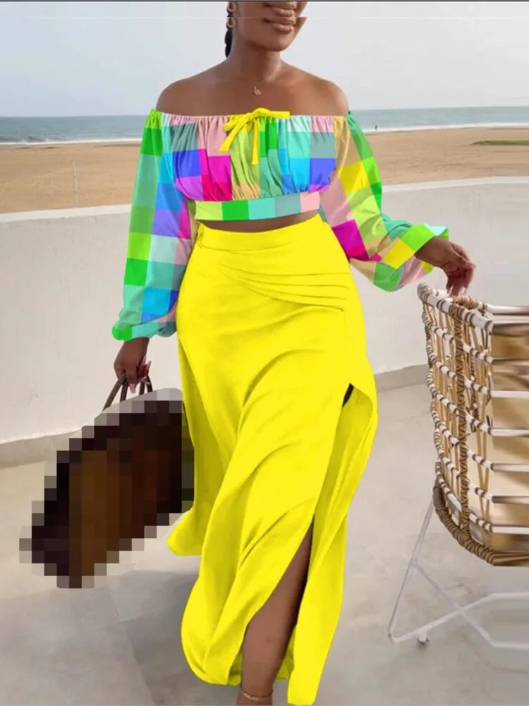 Casual Off Shoulder Suit Sexy Split Printing Loose Long Skirt Two Piece Set For Women Vacation Summer Outfits Vestido Feminino