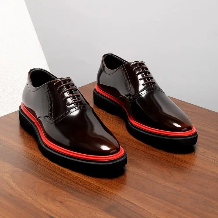 Genuine Full Grain Leather Men's Dress Shoes Polished British Style Business Casual Oxford Shoes Fashion Color Block Pointed Toe