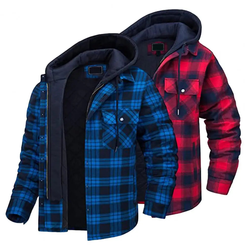 Winter Men's Hooded Jacket Drawcord Fashion Men's Thickened Hooded Cotton Windproof Jacket Plaid Shirt Casual Jacket Travel Jack