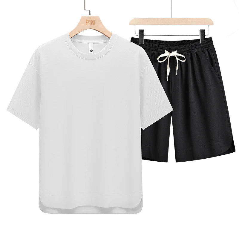 T Shirt Men Set Shorts Suit Oversize 6XL 7XL 8XL Plus Size Quick Dry Silk Short Sleeve Summer T-shirts Fashion Sportswear Loose