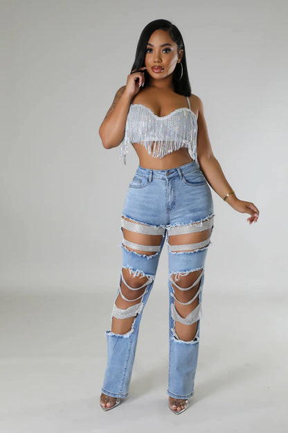 CM.YAYA Women Fashion Pearl Beading Ripped Hollow Out Tassel Wide Leg Jeans  New Summer INS Street Denim Pants Trousers