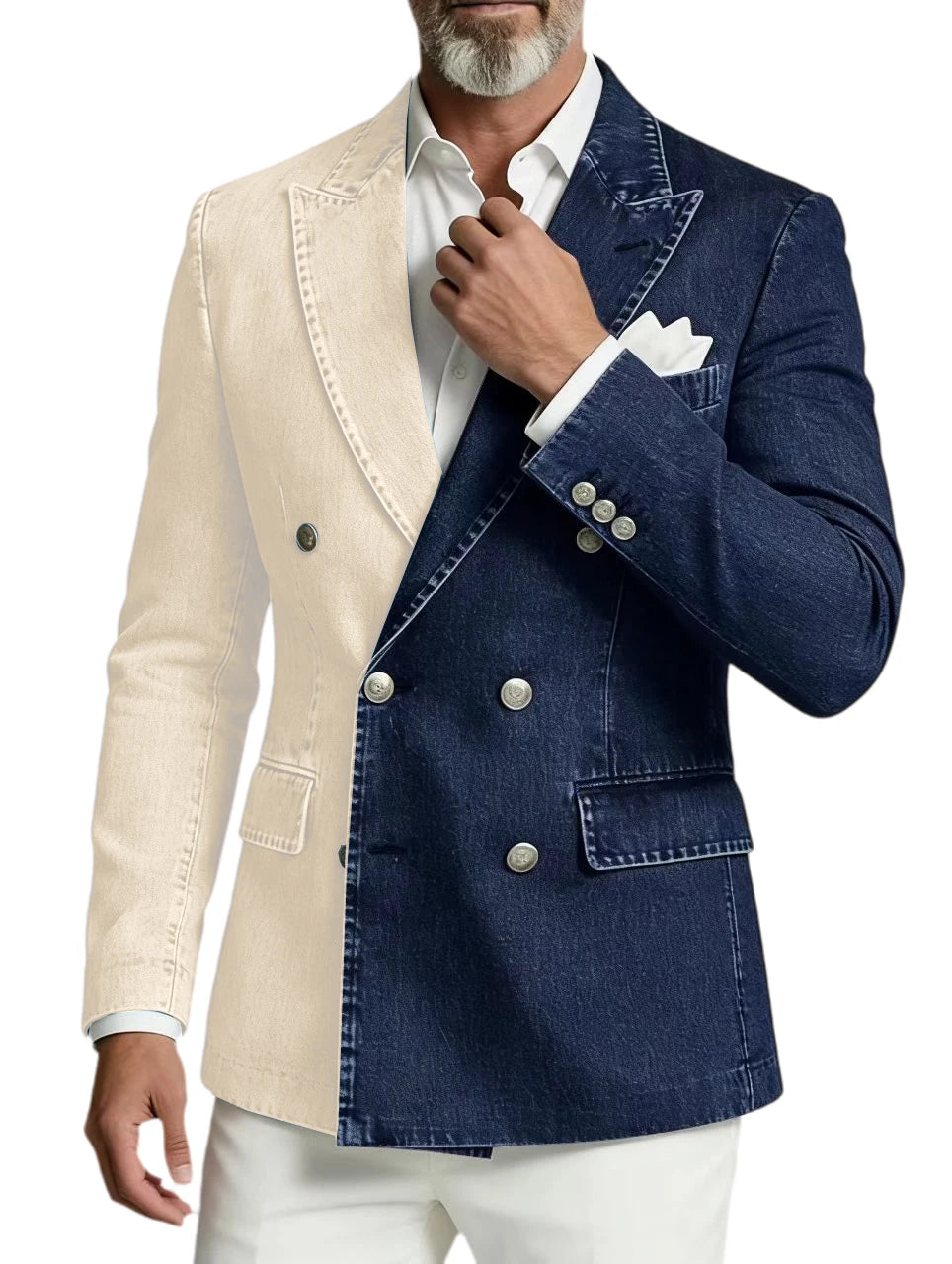 Men Spliced Denim Jacket Peak Lapel Double Breasted Slim Fit Casual Blazer Outing Date Night Trendy Party Fashion Costume Homme