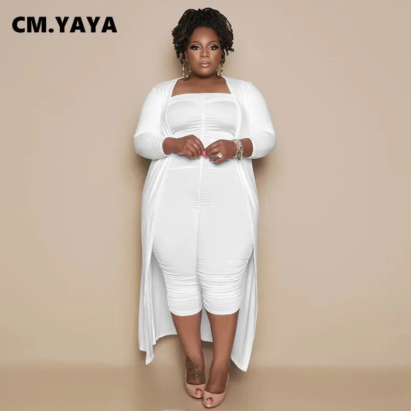 CM.YAYA Plus Size Women's Set Open Stitch Long Sleeve Maxi Top and Stacked Jumpsuit Suit 2023 Two 2 Piece Set Outfit Tracksuits