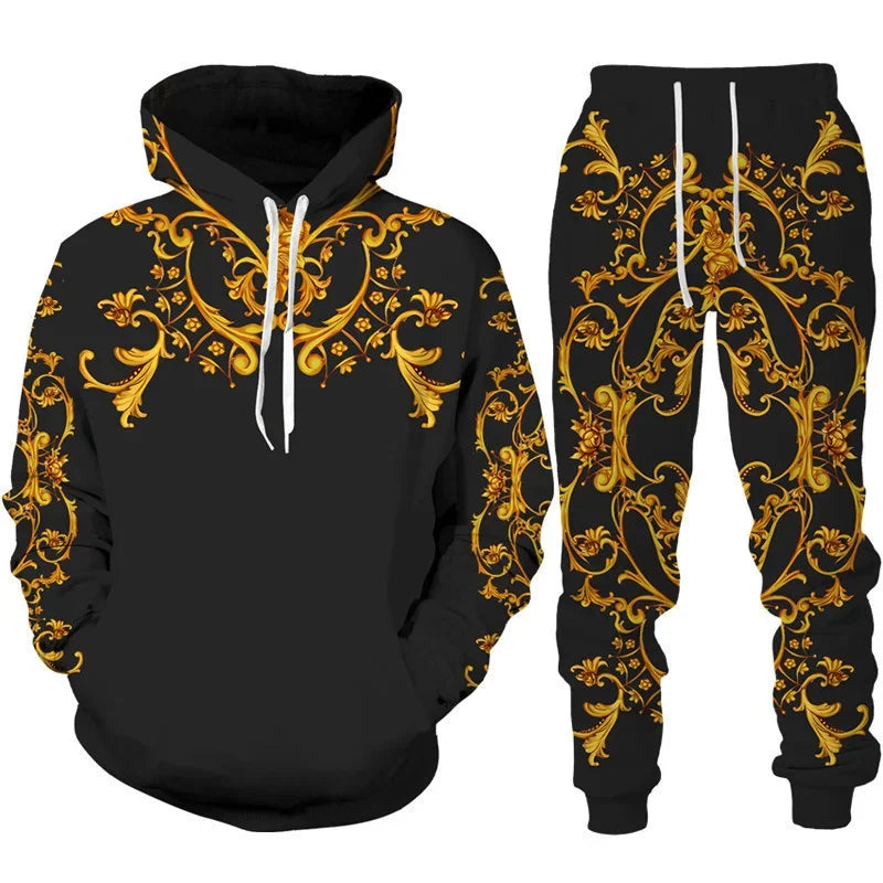 Baroque Court Style Hoodie/Suit Men's Luxury Golden Flower 3D Printed Sweatshirt&Trousers Set Fashion Unisex Streetwear Clothing