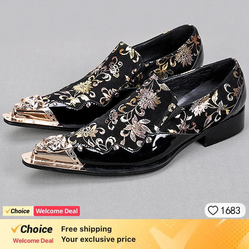 new arrival red genuine leather pointed toe metal tip crystal  handmade men leather dress shoes fashion hairdresser shoes