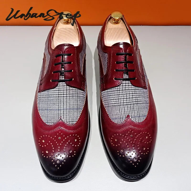 Luxury Men Derby Shoes Burgundy Lace up Pointed Toe Patchwork Striped Plaid Casual Mens Genuine Leather Dress Shoes Men