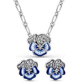 Authentic 925 Sterling Silver Blue Enamel Pansy Flower Earring Necklace With Crystal For Women Jewelry Set Gift
