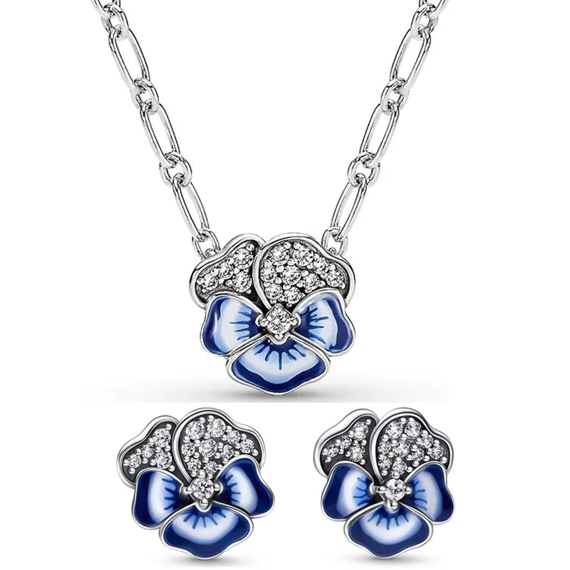 Authentic 925 Sterling Silver Blue Enamel Pansy Flower Earring Necklace With Crystal For Women Jewelry Set Gift