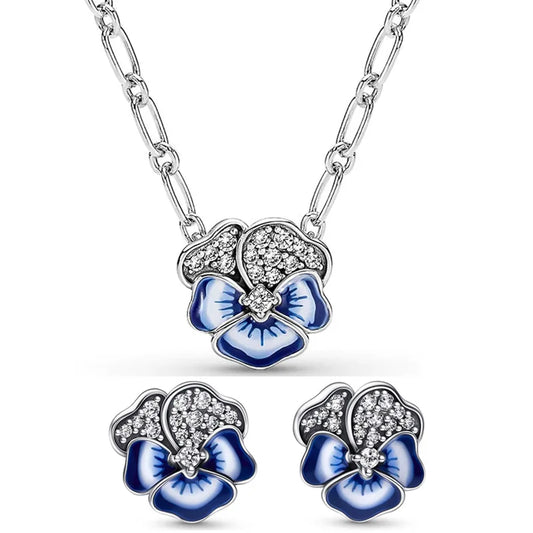 Authentic 925 Sterling Silver Blue Enamel Pansy Flower Earring Necklace With Crystal For Women Jewelry Set Gift