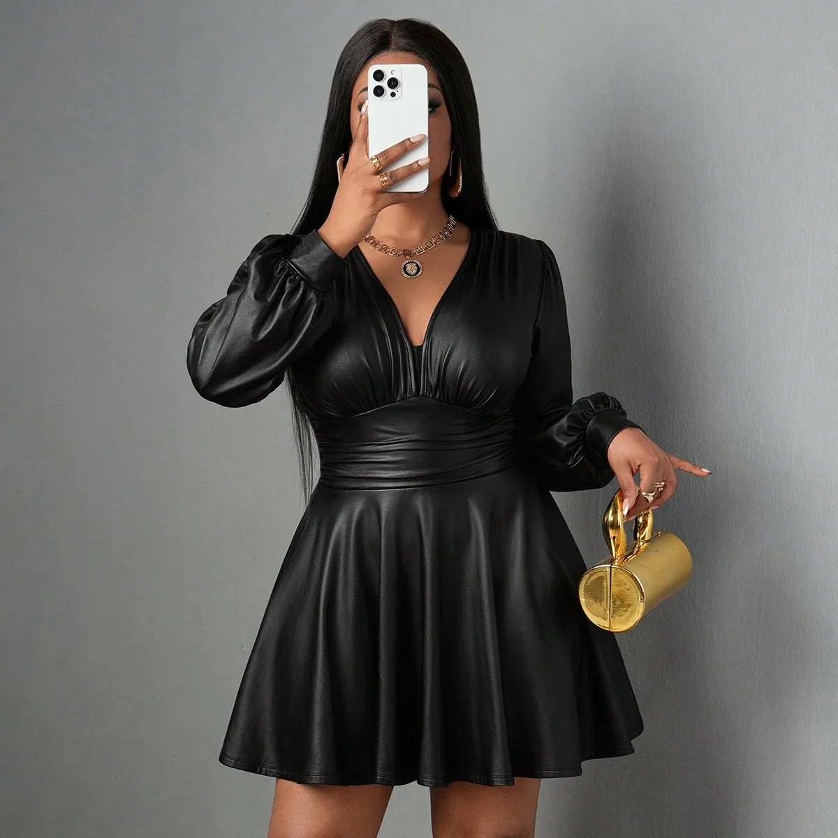 Große Größen Lederrock für Damen tiefer V-Ausschnitt Laternenärmel Tailliert A-Linien-Party-Outfit Sexy Mädchen-Ensemble