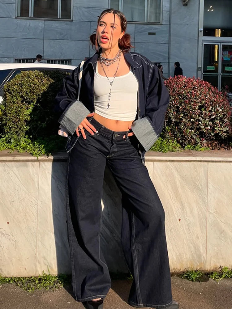 Fashion Denim Jacket Set Women Lapel Single Breasted Long Sleeve Coat Straight Jeans Pants 2025 Spring Lady  High Street Outfits