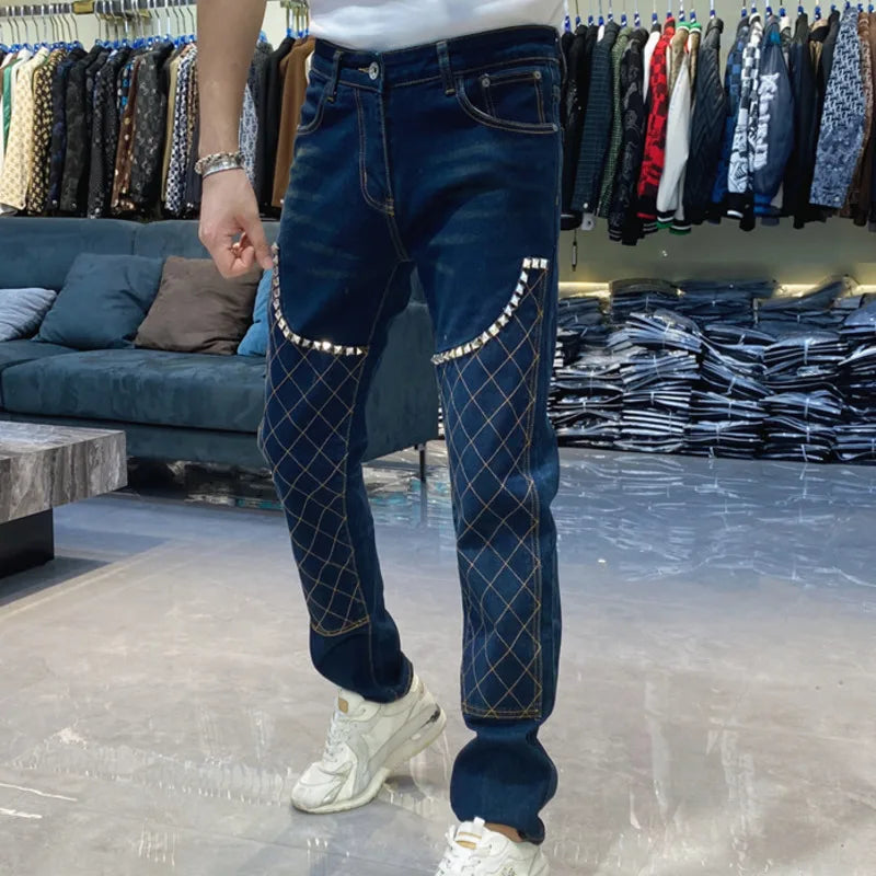 Comfortable Jeans Men 2023 Fall And Winter New Print Legging Slim Fit Fashion Korean High Quality Plaid Print Pattern Jeans Blue