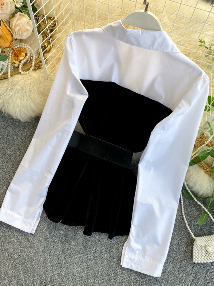 DEAT 2023  Spring Spring Long Sleeve Patchwork Velvet Size Small Tops With Belt High Waist Shorts Two Piece Set Women MH334