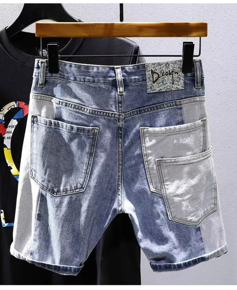2025 Mens Distressed Denim Shorts Summer Washed Ripped Patchwork Paint Splatter Slim Fit Five Inch Jeans Y2K Vintage Hip Hop Fas