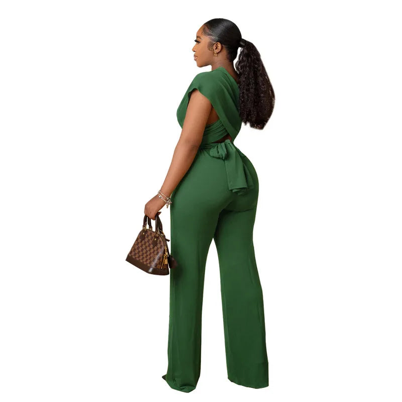 2024 New Fashion Simple and Elegant Low Cut Solid Color Waist Women's Jumpsuit