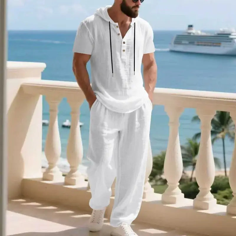 Herren Sommer Casual Leinen 2-Teiler Kurzarm Hoodie & Loose Hose Set Atmungsaktiver Trainingsanzug für Strand Alltag Streetwear