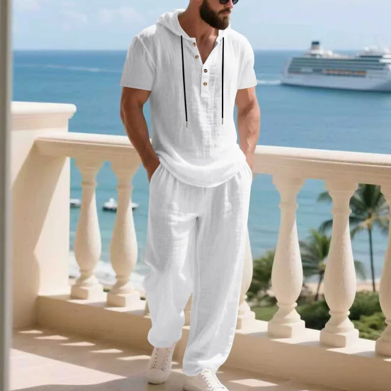 Men's Summer Casual Linen 2 Piece Outfit Short Sleeve Hoodie & Loose Pants Set Breathable Tracksuit for Beach Daliy Streetwesr