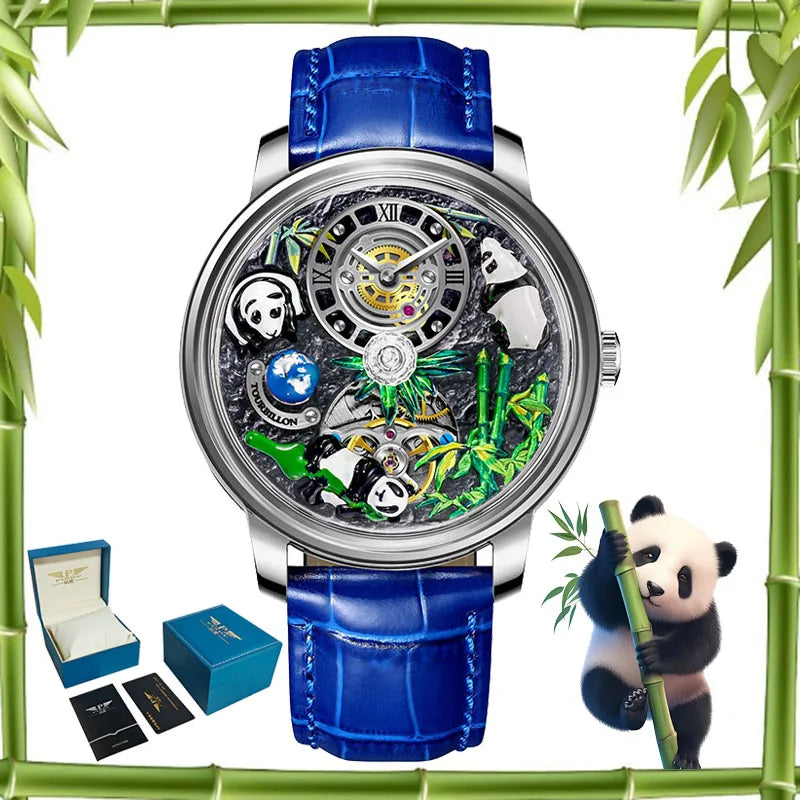 PINDU Dreidimensionale Panda-Zifferblatt-Uhren für Herren High-End Luxus Transparenter Hohlraum Vollautomatische mechanische Armbanduhr