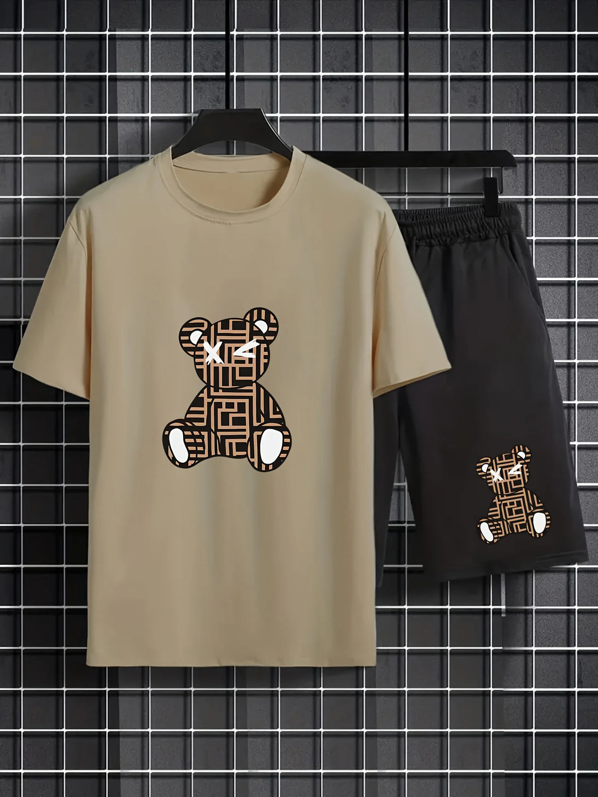 Sommer Herrenmode Freizeit-Sport-Set Locker sitzend Trendiger Puppen-Graffiti-Print Rundhals Kurzarm Zweiteiler mit Shorts