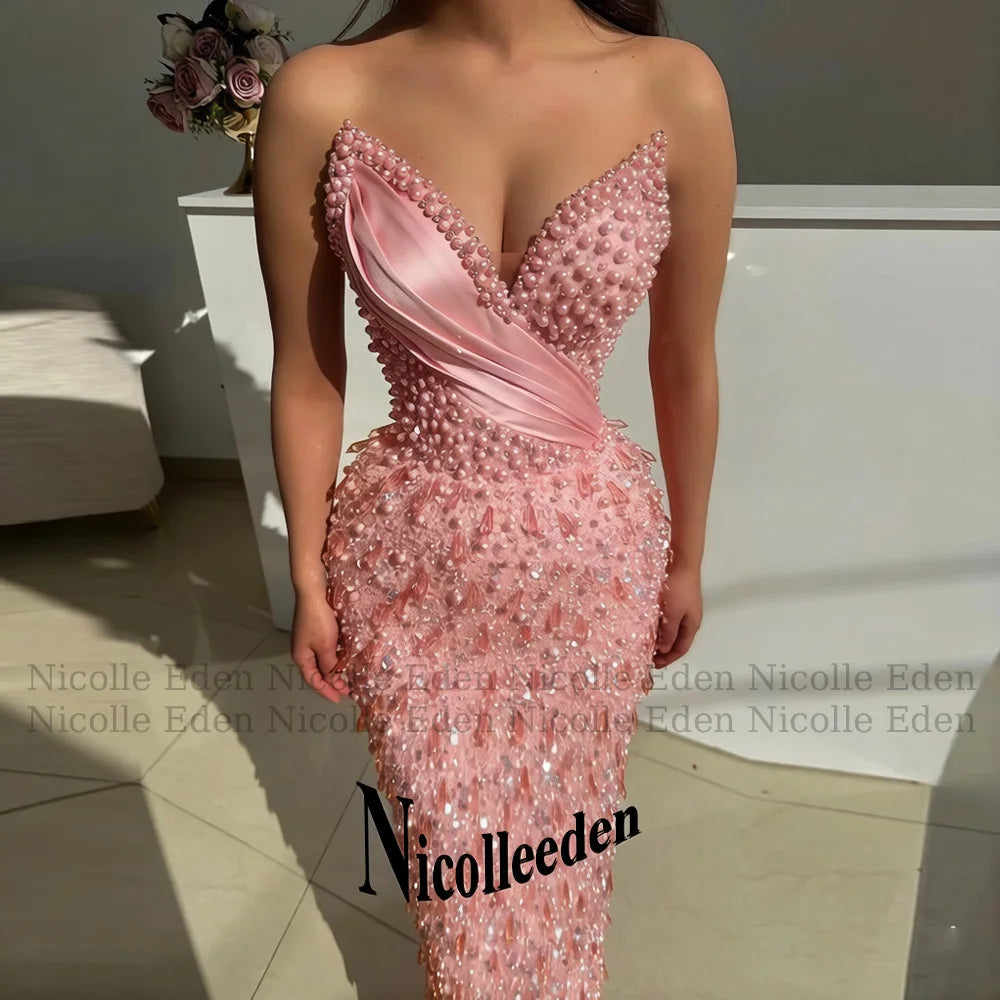 Nicolle Luxury V Neck Prom Dresses for Women Pearls Crystals Sequined Pleats Sheath Party Vestidos De Festa Customized