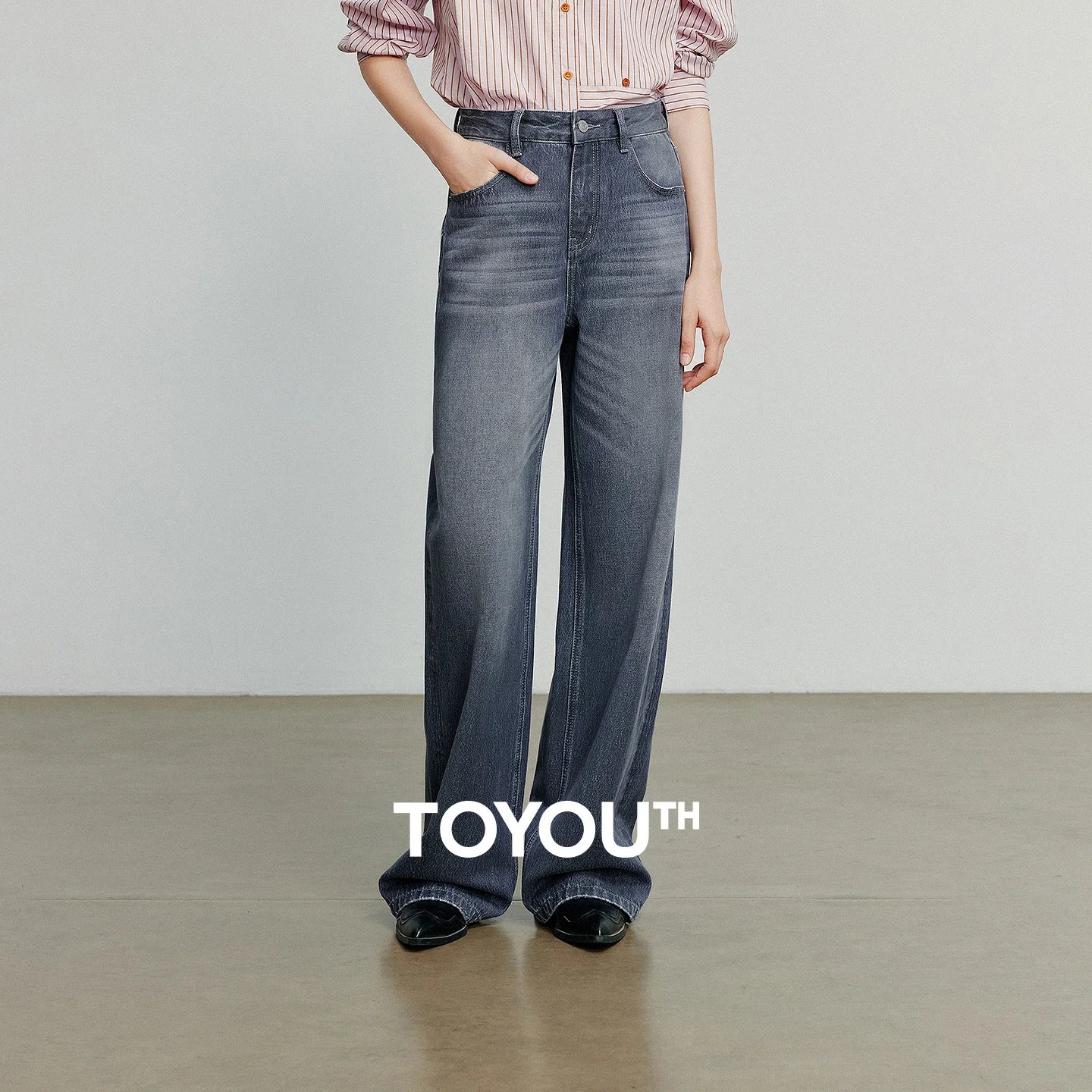 TOYOUTH Women Denim Jeans  Autumn New Cotton High Street Wide Leg Pants Gray
