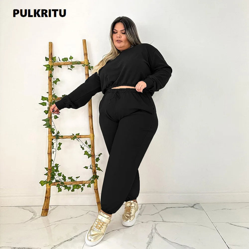 Pulkritu Plus Size Women Jogger Pants Set and Long Sleeve Sweatshirt Fashion Two 2 Piece Set Active Tracksuit Outfits