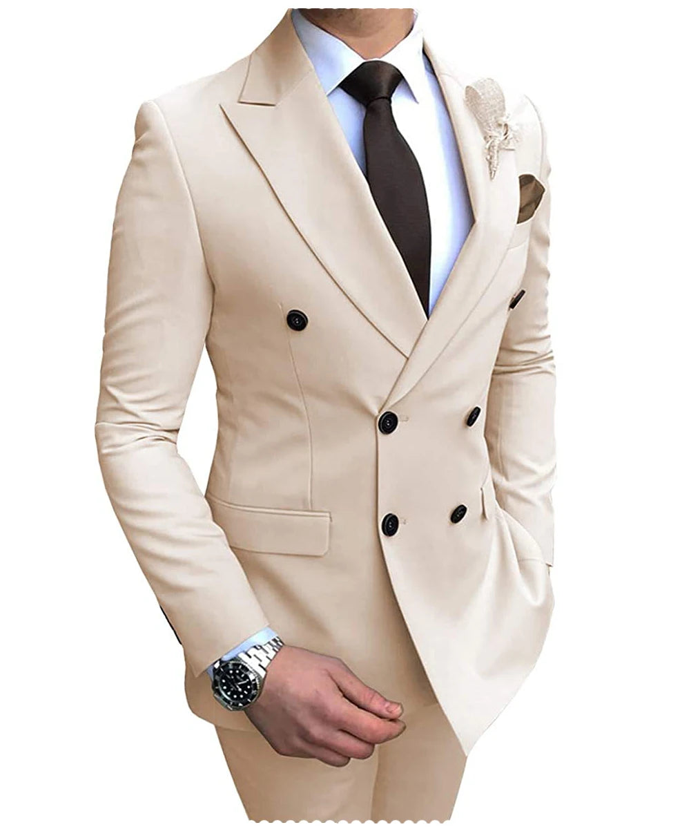 New Beige Men's Suit 2 Pieces Double Breasted Notch Lapel Flat Slim Fit Casual Tuxedos For Wedding(Blazer+Pants)