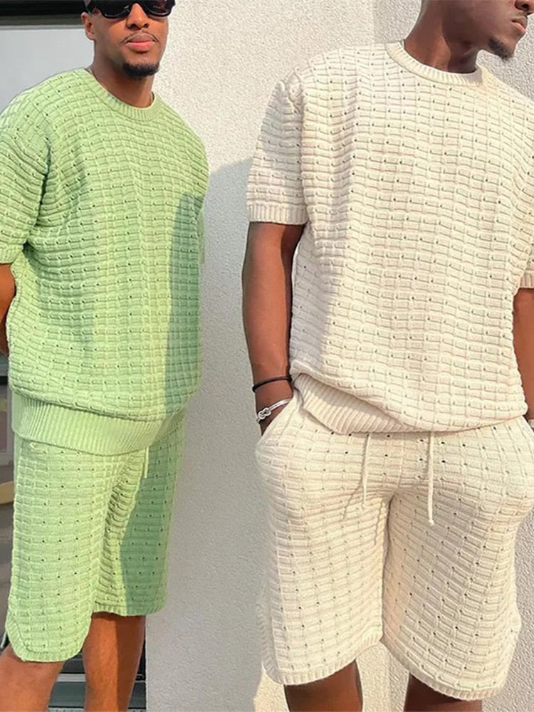 Men Summer Solid Color Two Piece Sets Short Sleeve Tops  and Drawstring Shorts  Leisure Suits Mens Clothing Casual Outfits