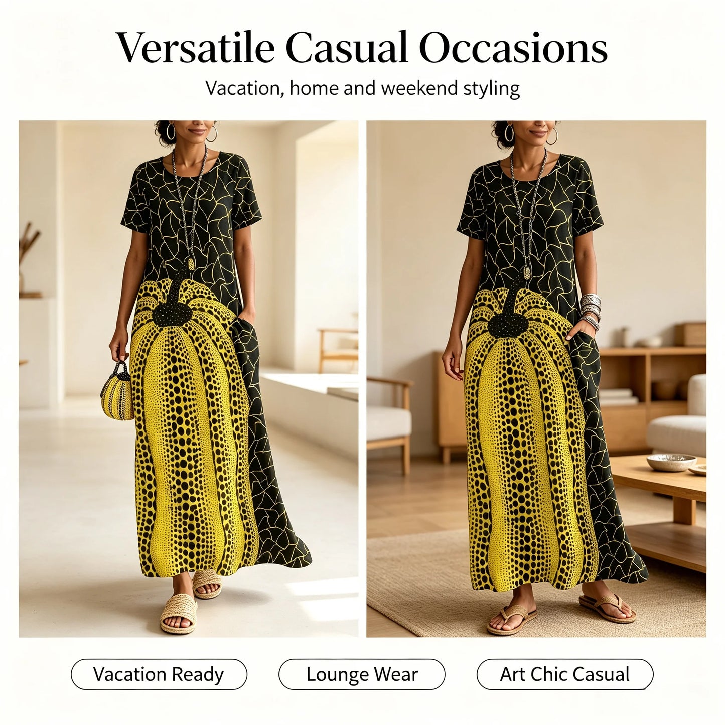Freeacy 2026 Summer New Artistic Print Maxi Dress for Women Round Neck Short Sleeve Casual Party Dresses Vacation Sundress