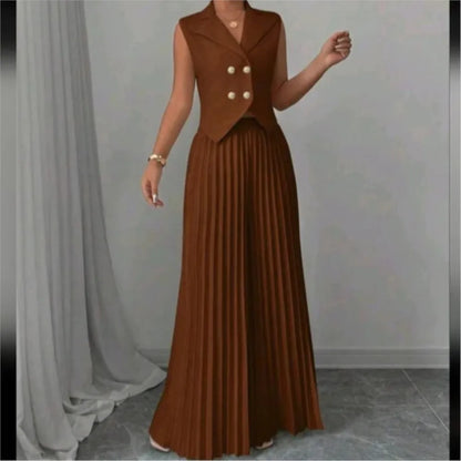 Summer Women's Fashionable Casual Lapel Suit Elegant Commuting Solid Color Sleeveless Top + Trousers Sexy Two-piece Set