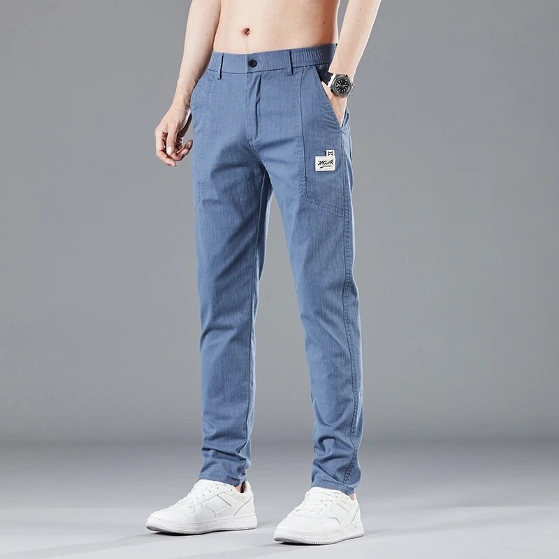 Pantaloni casual subțiri pentru bărbați, primăvară, vară, cu design elastic în talie, pantaloni de afaceri stretch din bumbac, bărbați, gri albastru.