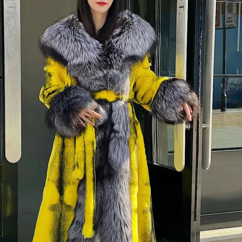 2022Women Real Rex Rabbit Fur Coats With Fox Lapel Collar Natural Whole Skin Genuine Rex Rabbit Fur Long Jackets Overcoat Luxury