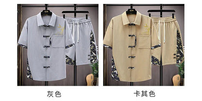 Summer Sets Men Fashion Print Short Sleeved Shirt Shorts Two-piece Men Chinese style Loose Set Mens Short Sets