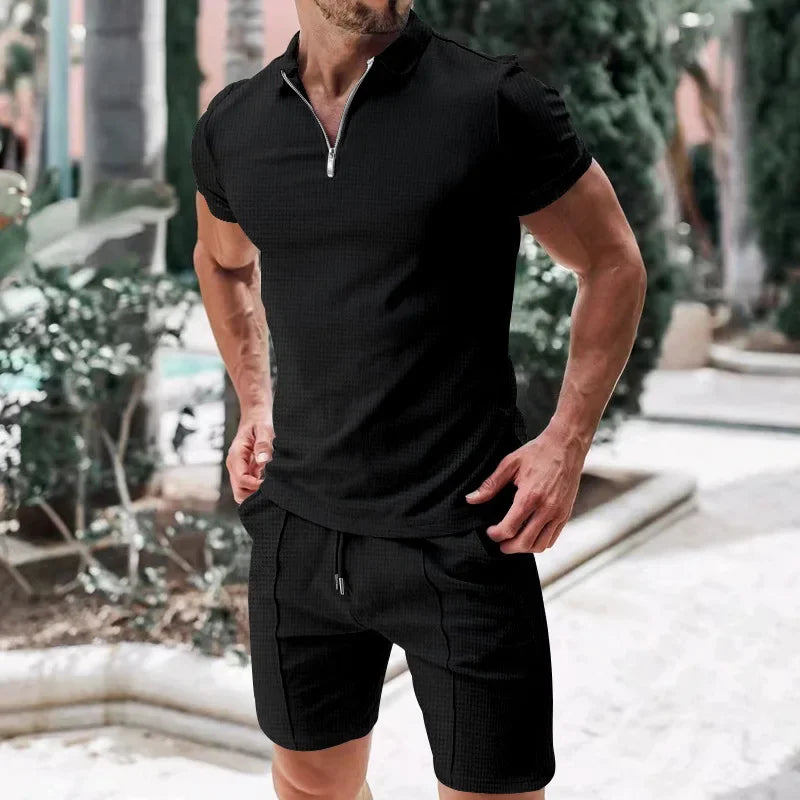2025 Summer Men's Polo Shirt Set Solid Color Waffle Short Sleeve Slim Fit Collar T-shirt Casual Men's Set