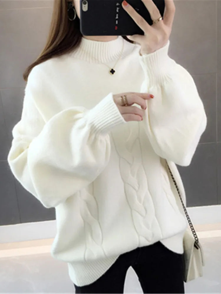 Korean Winter Women Sweater Half Turtleneck Lantern Sleeve Knit Pullover Loose 5XL Fashion Jumper Tops 2022 Pull Z2697