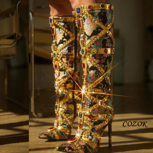 Crystal Luxury Boots Women 2023 Winter Fashion Shoes High Gold Long Boots