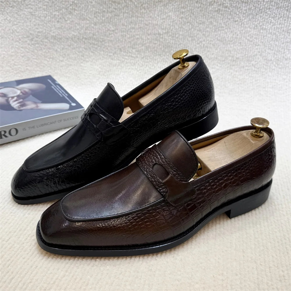 Luxus-Herrenschuhe aus echtem Leder mit Krokoprägung, Hochzeits-Loafer, Business-Büro-Slipper mit Doppelschnalle