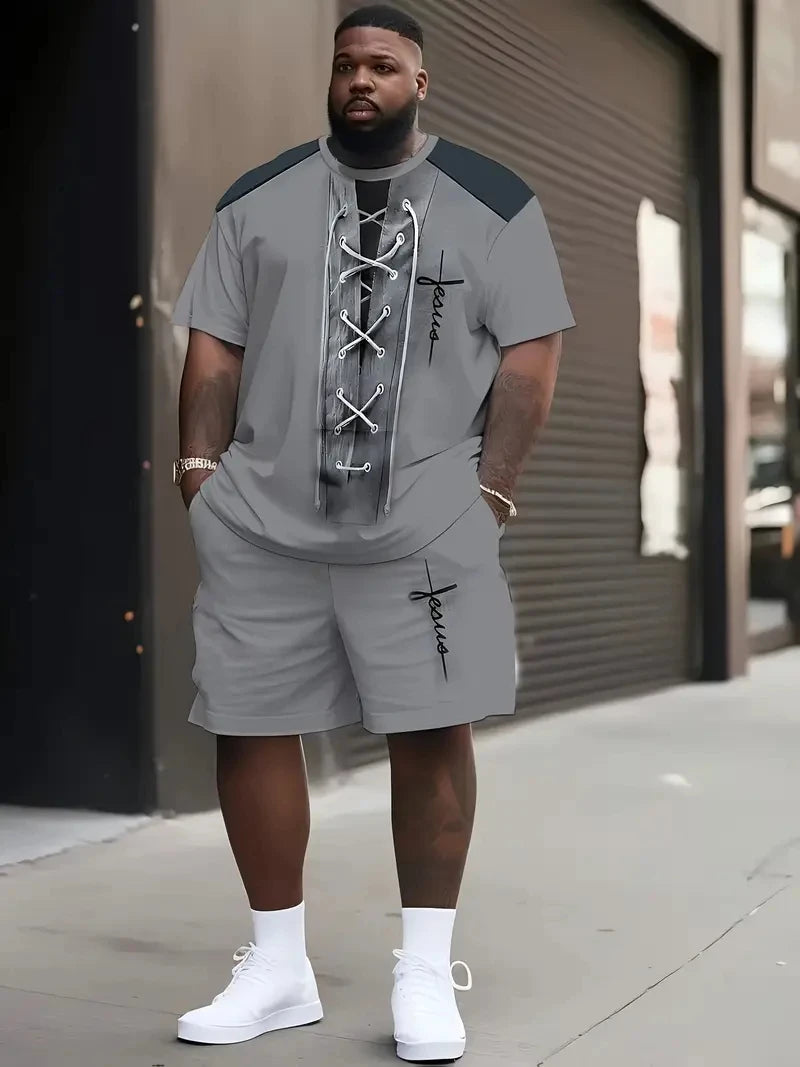 Denim Graphic T-shirt And Shorts 2-piece Set 2025 Plus Size Men's Clothing Casual Loose Drawstring Waist Shorts Short Sleeve Top