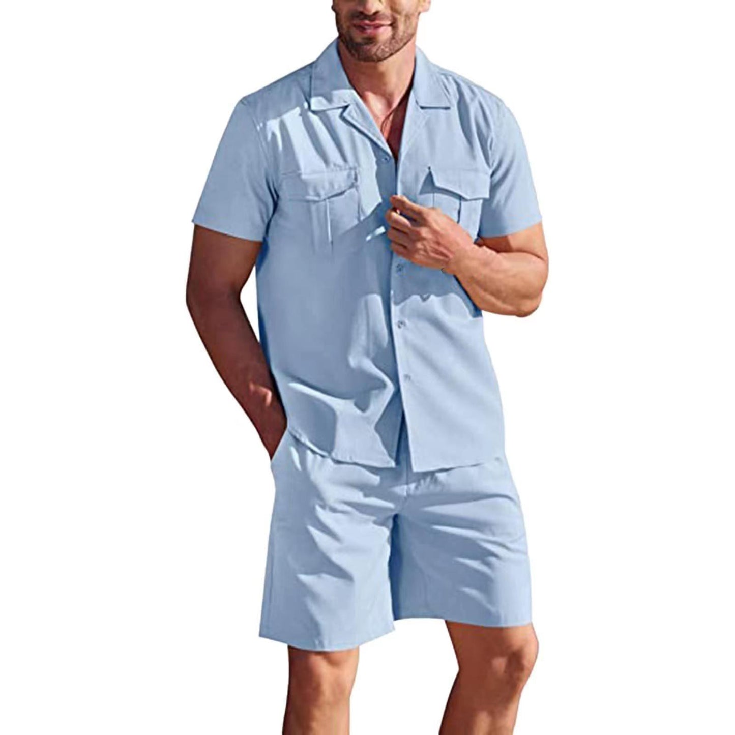 Men&#39;s Summer Casual Loose Two Piece Sets Beach Solid Workwear Pocket Linen Man Suit Short Sleeve Button Shirt And Shorts Outfits