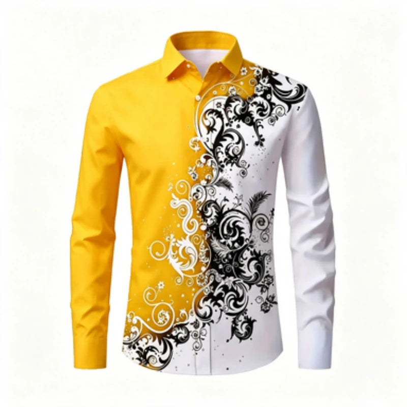 Men's long sleeved shirt, European and American men's printed long sleeved shirt, collared European patterned shirt, trendy casu