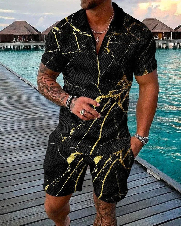 Summer New Trend Men's Tracksuit Casual Zipper Collar 3d Print Polo Shirt Suit 2 Pcs Set Colorful Streetwear Clothing Oversize