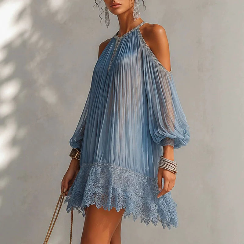 Elegant Trim Sheer Halter Mini Dress Off Shoulder Lantern Sleeve Pleated Mesh Ruffle Loose Short Dress Resort Guest Prom Dresses