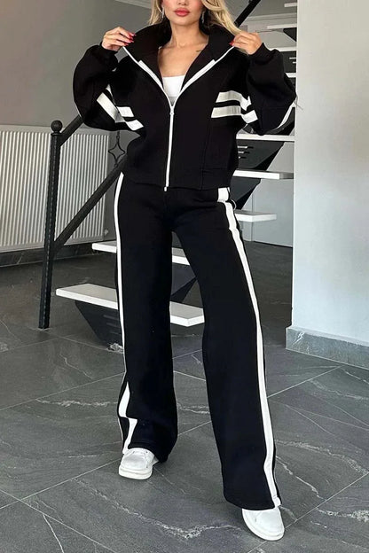 Autumn Winter Women's New Hoodie Suit Y2K Striped Zipper Loose Fit Jacket Outwear And High Waist Side-striped Pants Sports Sets