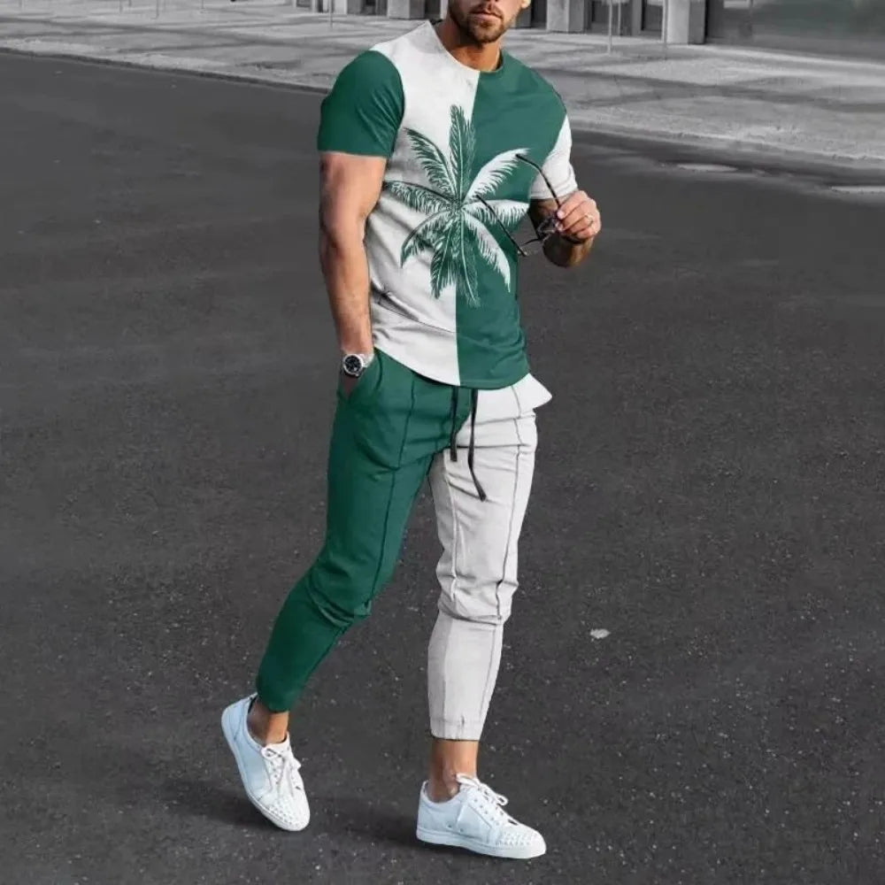 New Men's Comfortable Breathable Short Sleeve Round Neck T-shirt Pants Set 3D Printed Latest Retro Outdoor Leisure Set
