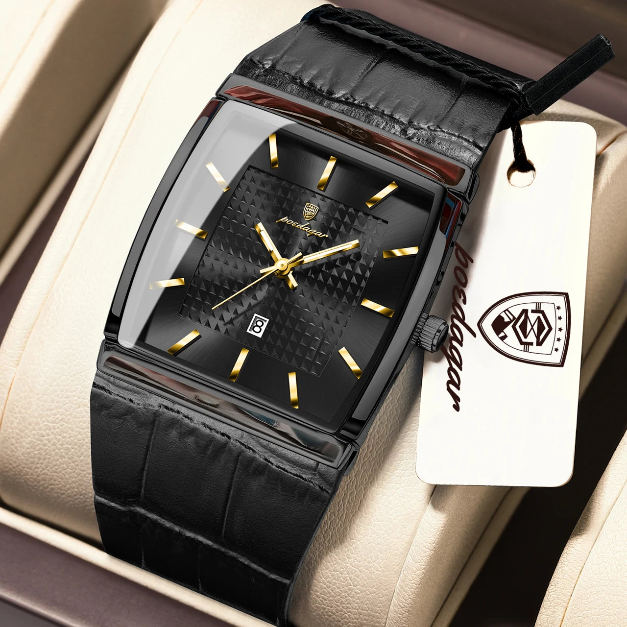 POEDAGAR Fashion High Quality Men Clock Waterproof Luminous Calendar Man Wristwatch Leather Quartz Men's Watches Sports Male+Box