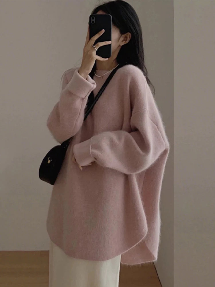 Korean Fashion Sweater Women Elegant Casual Loose Knitted Fluffy Pullover Female Autumn Winter Long Sleeve Oversized Knitwears